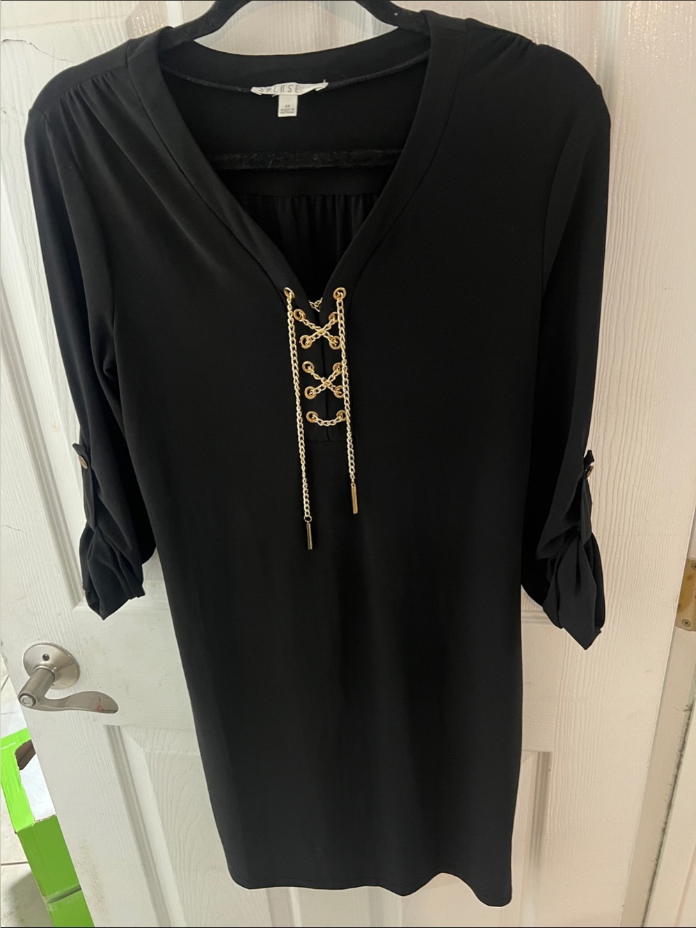 Spense Petite black dress gold Lace-Up V-Neck Women's size 8p with Gold Accent
